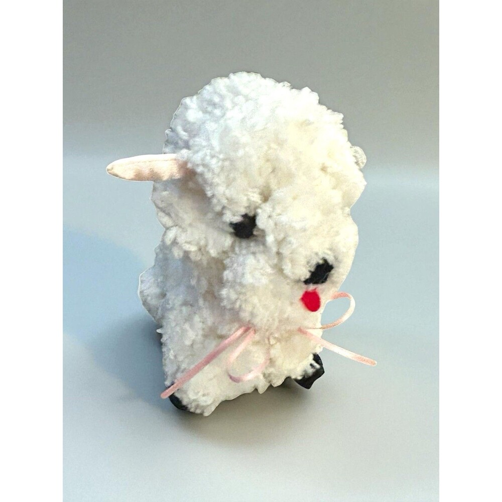 Vtg White Lamb Soft Yarn Plush Toy Blue Eyes Handmade